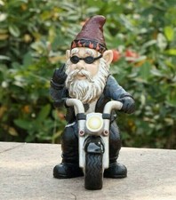 Gnome Biker Riding Motorcycle Middle Finger Figurine - Statue Home / Garden New