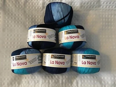 Six Schachenmayr Nomotta La Nova Mesh Ribbon Yarn, Blue, Black, Turquoise. New - Image 1 of 4