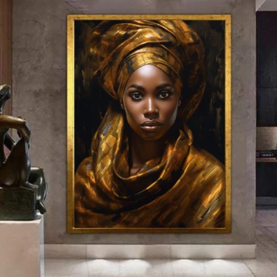 Hermosa mujer negra, envoltura de cabeza dorada, africana, arte de pared digital póster decoración Foto 1 de 4