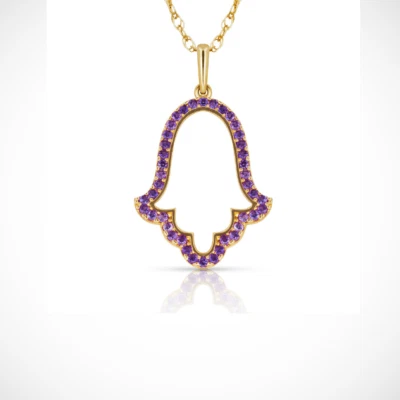 Hamsa Hand Evil Eye Charm Pendant For Women Simulated CZ Crystal 14k Yellow Gold - Image 1 of 4