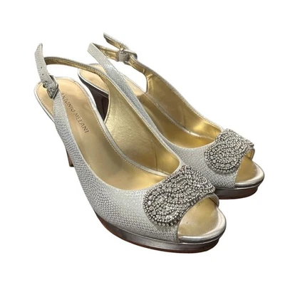 Antonio Melani Plateado Peep-Toe Tacones Adornados Noche Boda Talla Foto 1 de 4