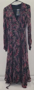 NWT Polo Ralph Lauren Purple/Black Floral Wrap Maxi Dress Size 6 Boho Sheer Flow - Picture 1 of 13