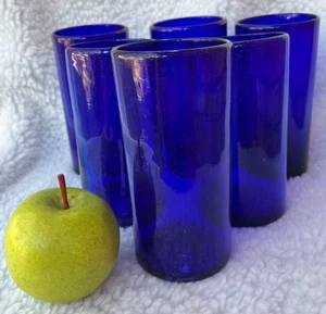VINTAGE ~ HAND BLOWN ~ COBALT BLUE TUMBLER GLASSES ~ SET OF 6 ~ 14 OZ. - Picture 1 of 17