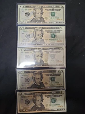 5 LUCKY 2017 20 Dollar Bills with Sequential Ser. Numbers an 69 & 777 In Serial# - Image 1 of 4