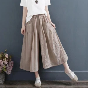 Pantalone donna doppio strato cotone canapa gonna vita alta casual plissettato - Foto 1 di 16