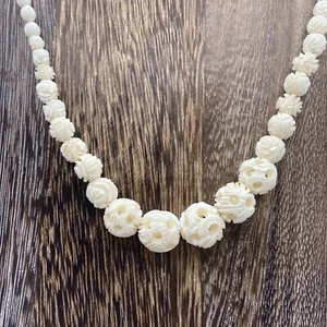Vintage Art Deco Geometric Design Carved Bovine Bone Bead Necklace 22” - Picture 1 of 6