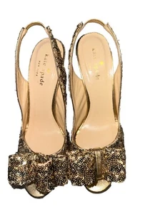 Kate Spade Gold Glitter Ankle Strap Peep Toe Cuban Heel Size 5.5B Bow Accent - Picture 1 of 11