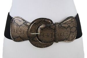 Women Bronze Belt Hip Waist Elastic Black Faux Snake Skin Print Buckle M L XL