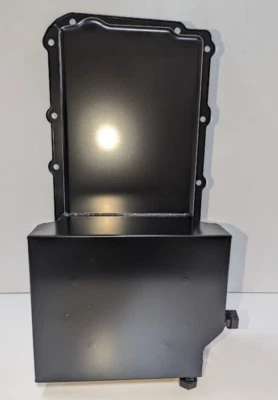 DAMAGED STEEL CHEVY GM LS ENGINES OIL PAN 7 QT 90 DEGREE FITTING - BLACK - Image 1 of 4