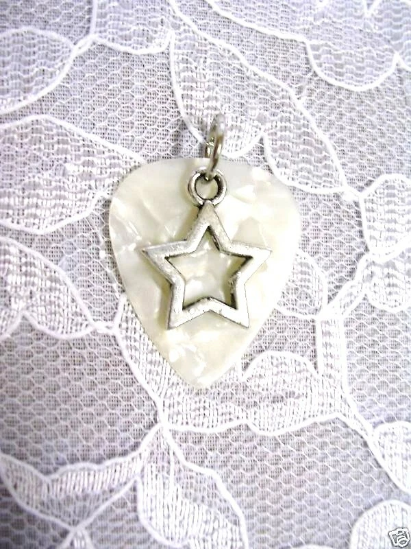 PEARLY WHITE GUITAR PICK w SILVER ALLOY STAR CHARM PENDANT ADJ NECKLACE - Image 1 of 1
