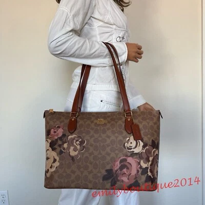 NWT Coach CZ180 Gallery Tote Bag In Signature Canvas With Rose Print Tan Brown - Image 1 of 4