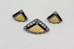 Avon Art Deco Faux Marcasite Pearlized Cream Black Enamel Fan Earrings Pin - Picture 1 of 12