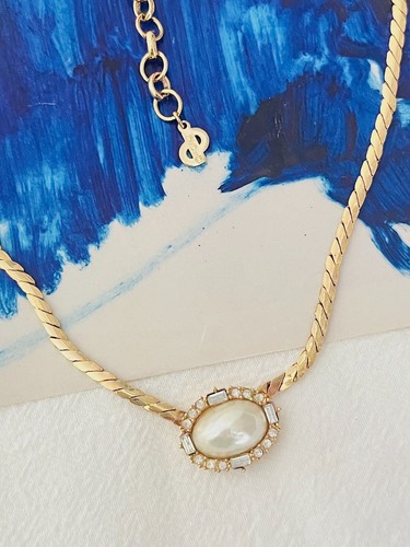 Collana Christian Dior Vintage Grande Ovale Perla Bianca Rettangolare Cerchio Cristallo