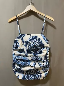 NWOT ZARA Women Spaghetti Strap Square Neck Side Zip Ruched Top SZ S White/Blue - Picture 1 of 11