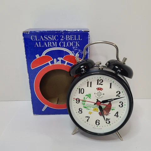 Vintage Helm Brand Metal Animated 2-Bell Alarm Clock Classic Chicken Hen Cover