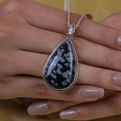 AAA+ Copo de Nieve Obsidiana Pera Colgante Piedra Preciosa 925 Plata Ley Mujeres - Imagen 1 de 4