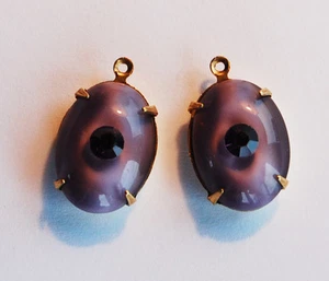 VINTAGE PURPLE MOONSTONE GLASS OVAL PENDANTS w/ prplRHINESTONE CENTER • 13x18mm - Picture 1 of 3