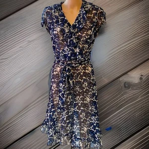 Vintage JBS Silky Dress 6P Semi Sheer Midi Ruffle Y2K Fairy Grunge Blue White - Picture 1 of 10
