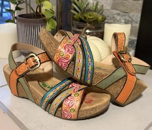 Spring Step L'Artiste Sandals Womens Size 37 (6.5/7) Floral Wedge Strap Leather - Picture 1 of 8