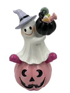 GOBLIN & GHOUL Sweet Ghost On Pink Pumpkin W Cauldron Of Candy 12” Tall - Picture 1 of 7