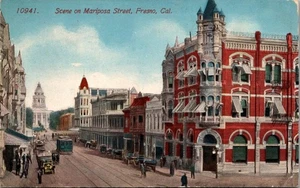 MARIPOSA STREET SCENE Fresno, California CA c1914 streetcar Postcard - Bild 1 von 2