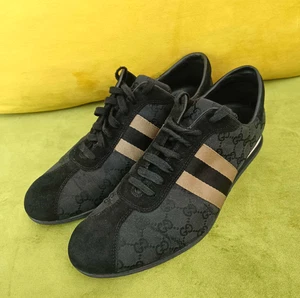Gucci Guccissima Zapato Negro Gamuza Lona Tenis 117711 Hombres Talla 44 EU 10 EE. UU. - Imagen 1 de 24