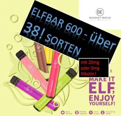 ELFBAR 600 E-Shisha E-Zigarette ohne mit Nikotin Einweg 0mg & 20mg to go SORTEN - Bild 1 von 4