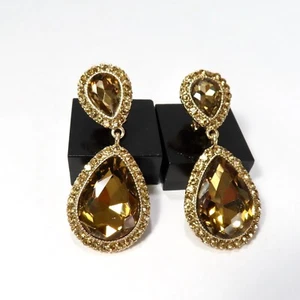 Clip On Earrings Womens Brown Crystal Rhinestone Dangle Teardrop Wedding Evening - Picture 1 of 14
