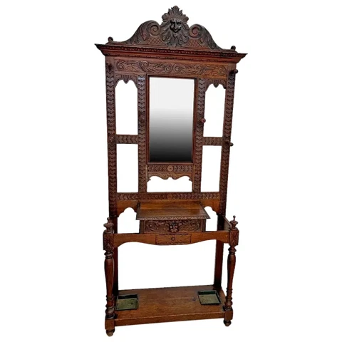 Victorian Hall Tree Mirror Dark Oak Glove Drawer Hand carved Green Man Gothic Cover
