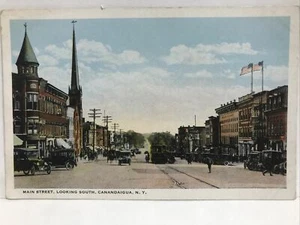 1920 MAIN STREET LOOKING SOUTH Canadaigua New York Early Auto Trolley Postcard - Imagen 1 de 2