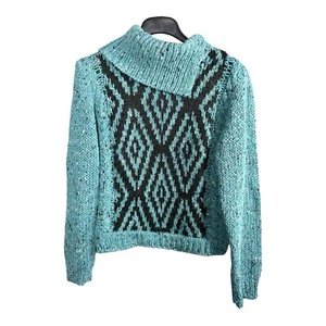 Diane von Furstenberg Wollmischung Grobstrick Rautenmuster türkis schwarz Pullover M - Bild 1 von 9