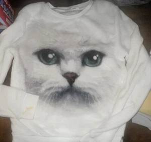 Girls White Cat Sweatshirt, H&M, Size 16/18, Super Soft Fleece - Picture 1 of 4
