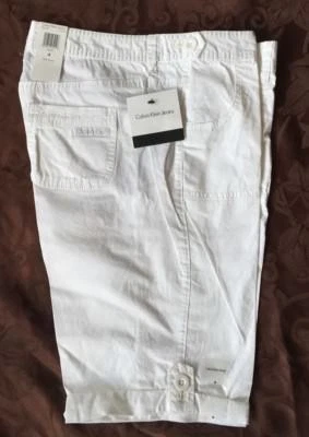 NUEVO Calvin Klein Para Mujer Blanco Esquisto Algodón Pestaña Enrollable Estilo Capri Pantalones Cortos Talla 4 Foto 1 de 4