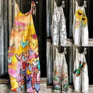 Women Boho Floral Jumpsuit Baggy Dungaree Ladies Summer Romper Playsuit Overall+ - Picture 1 of 13