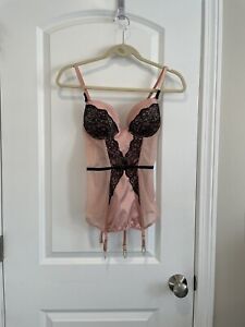 Adore Me Corset Top Sexy Garters Underwired Pink Black Lace Sz Small