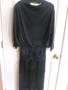 Vintage Womens Black Fringed  Dress, Cowl front neck, 3/4"Bat Wing sleeves, - Picture 1 of 10