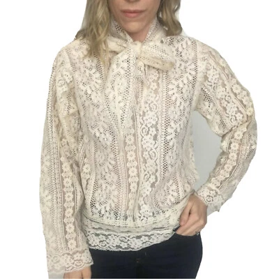 Blusa de Colección Cottage Core Encaje Corbata Manga Larga Años 70 Marfil Crema Floral Novia Foto 1 de 4