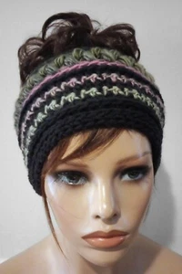 crochet womans handmade messy bun hat beanie puffs echo new - Picture 1 of 3