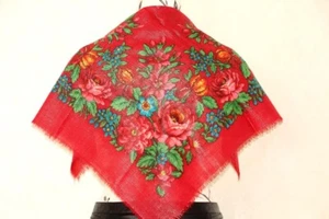 Red floral Sparkly shawl Vintage wool russian scarf Old Soviet USSR Bandana - Picture 1 of 10