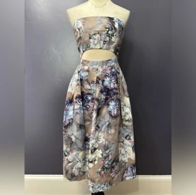 ASOS Salon Cut Out Vintage Floral Full Skirt Strapless Midi Dress Size 8 - Image 1 of 4