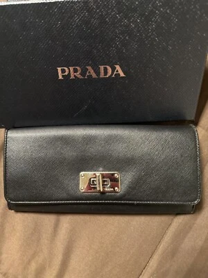 black flap prada wallet with twist lock and silver hardware - Image 1 of 4
