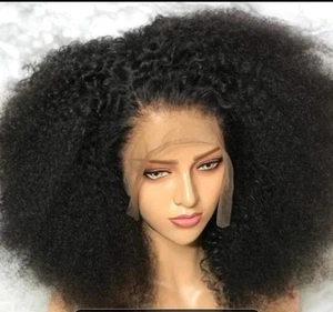 250% DENSITY HD LACE AFRO KINKY CURLY VIRGIN HUMAN HAIR GLUELESS WIG 16" BLACK - Picture 1 of 7
