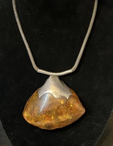 Huge Brutalist Baltic Amber Sterling Silver Pendant 98.7g - Picture 1 of 22