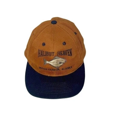 Halibut Heaven Hat Dutch Harbor Alaska Souvenir Cap Brown Black Fishing Adjust - Image 1 of 4