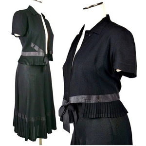40s Black Crepe Rayon Top & Skirt Set | Pleated Full Skirt | XS 23" W - Picture 1 of 10