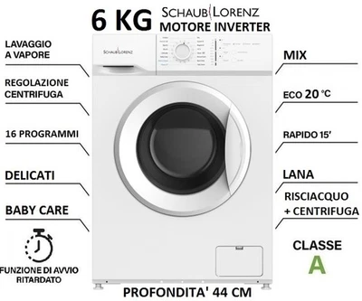 LAVATRICE 6 KG 1000 GR CL.A SLIM PROF.44 CM INVERTER VAPORE SCHAUB LORENZ SS610I - Immagine 1 di 4