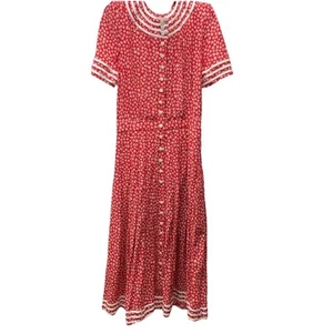 Vtg Kathi Lee Red Floral Midi Dress By Plaza South Striped Trim Cottagecore M - Picture 1 of 11