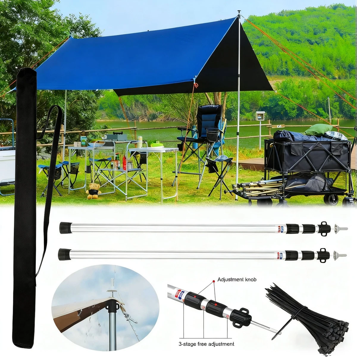 Campguru Teleskop-Tarpstange Aus Alu – Stufenlos Von 80 Auf 250 Cm Ausziehbar, Für Sonnensegel & Vorzelte, 450 G