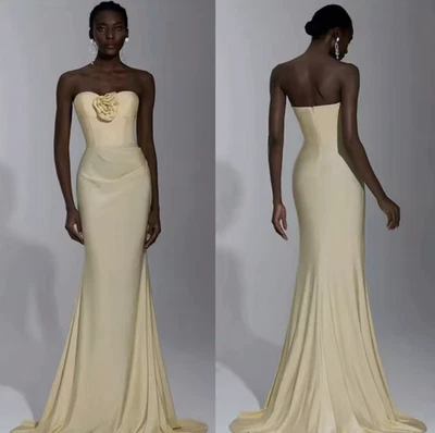 Temperament yellow Jersey Wedding Dress Exquisite Strapless Flowers Tiered - Image 1 of 4