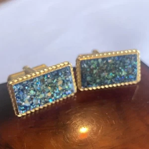 Koha ? Goldtone Paua Fragments Mosaic Rectangle Vintage Cufflinks 1970s - Imagen 1 de 3